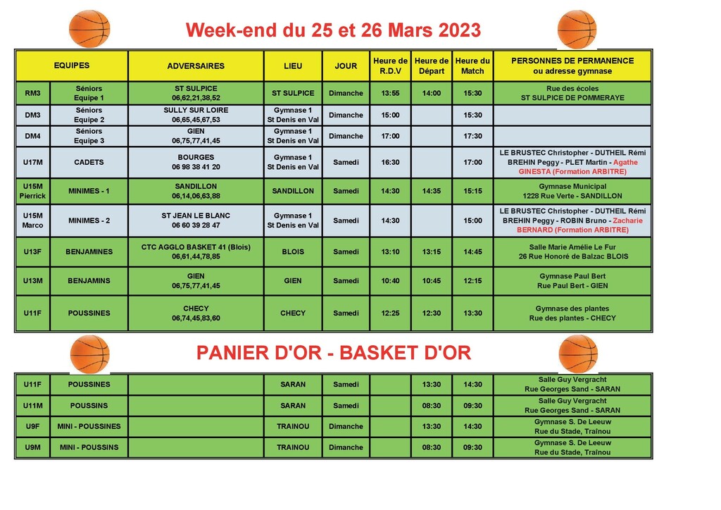News 30 : planning des matchs des 25 et 26/03/2023 + Panier d'Or-Basket d'Or