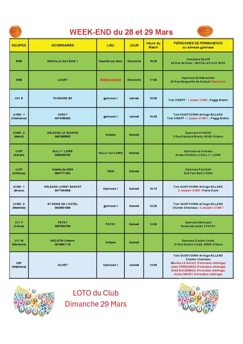 News 27 : planning des matchs des 28 et 29/03/2026 et loto du club