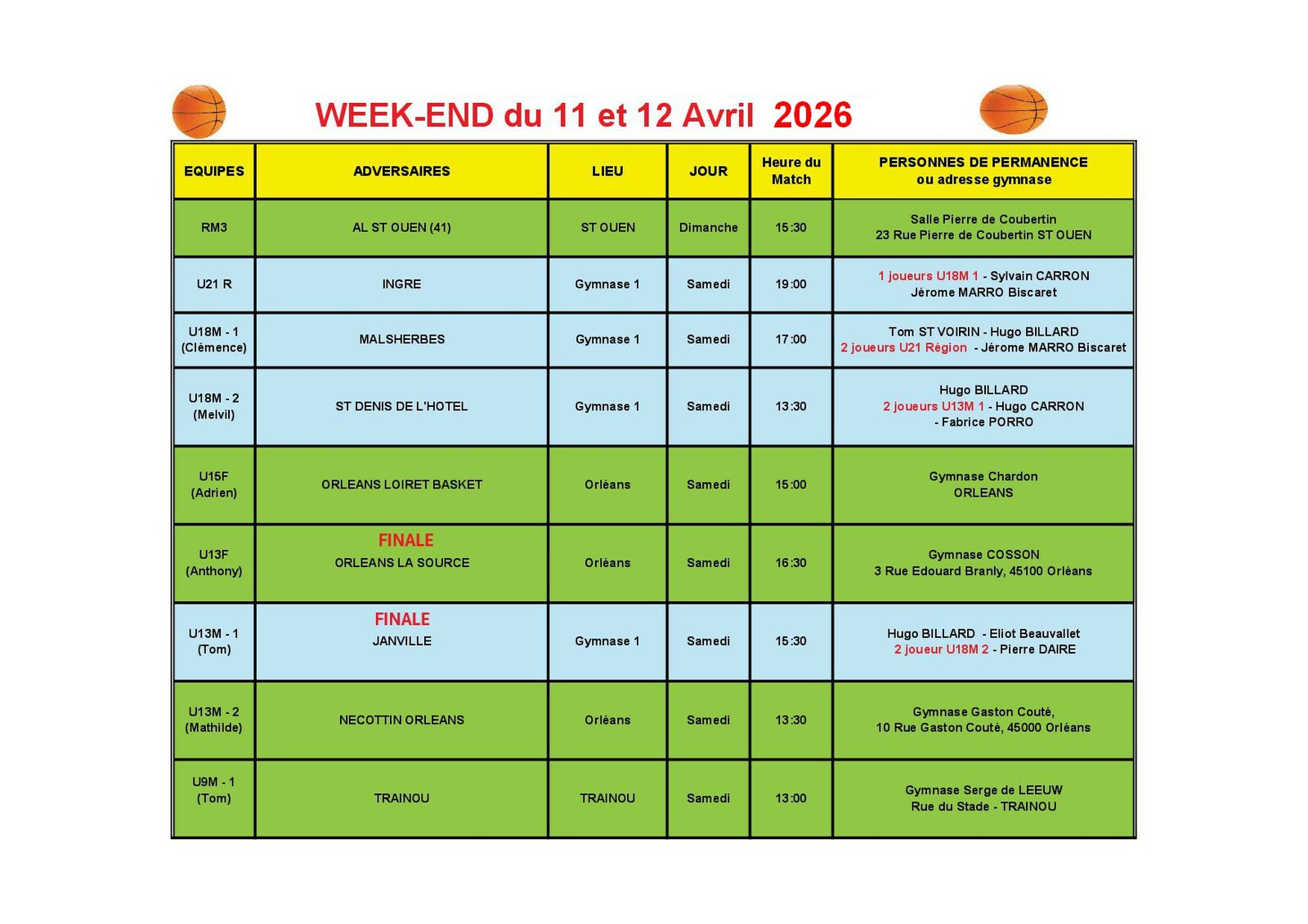 News 29 :planning des matchs des 11 et 12/04/2026