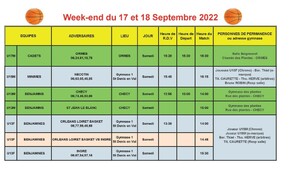 News 005 : planning des matchs des 17 et 18/09/2022