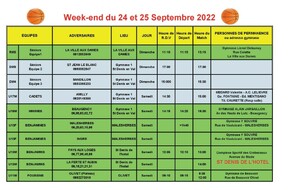News 006 : planning des matchs des 24 et 25/09/2022