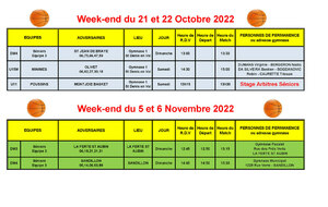 News 010 : planning des matchs des 21 et 22/10/2022 + 05 et 06/11/2022