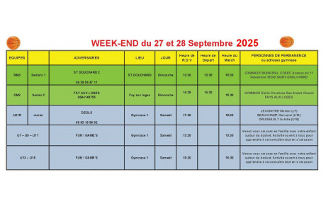News 07 : planning des matchs des 27 et 28/09/2025