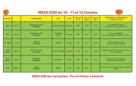 News 09 : planning des matchs des 10 + 11 + 12/10/2025