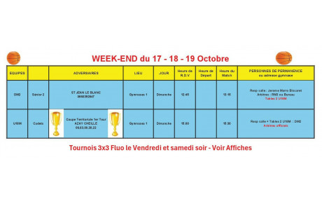 News 10 : planning des matchs des 17 +18+ 19/10/2025